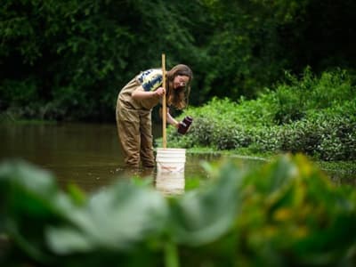 Student Kyleigh Johnson in creek at Byrd Park collecting samples.